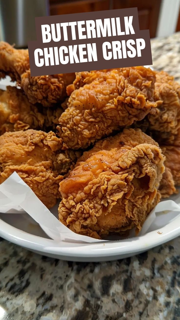 A plate of golden-brown buttermilk fried chicken pieces, perfectly crispy.