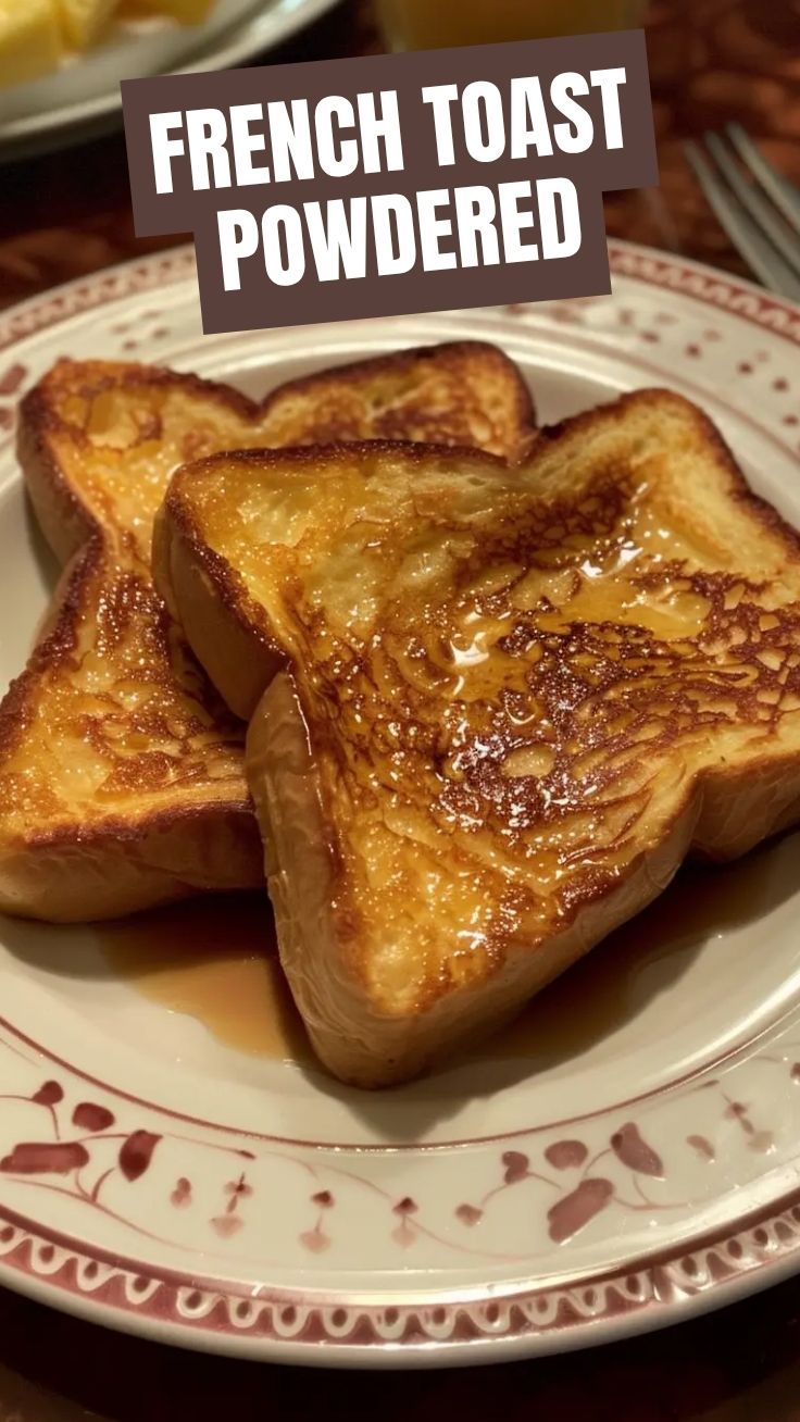 A stack of golden french toast drizzled with syrup and topped with berries.