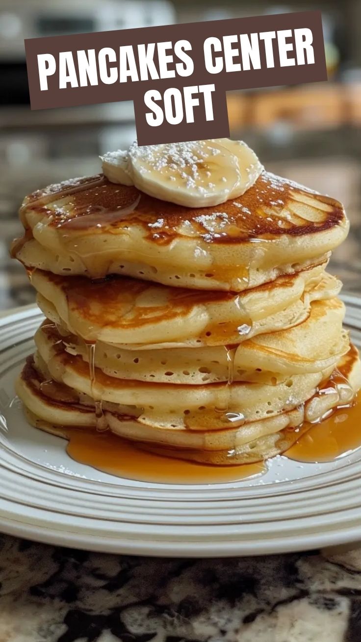 A stack of perfectly golden fluffy pancakes drizzled with syrup.