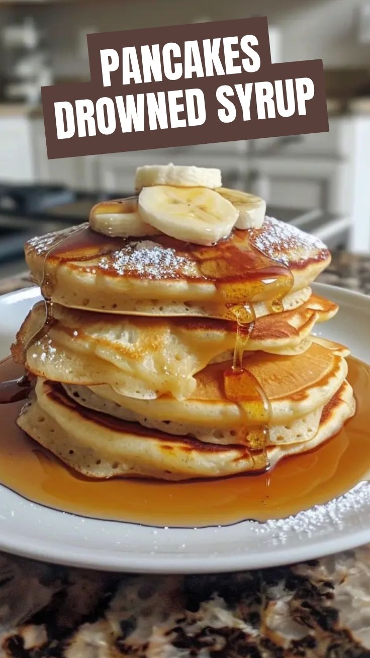 A stack of fluffy pancakes drizzled with syrup and berries on a white plate.