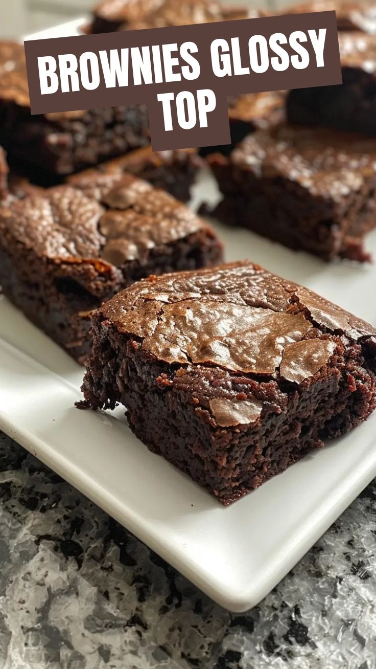 A close-up of rich, dark fudgy brownies with a crinkly top