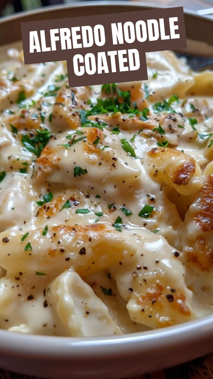 A bowl of chicken alfredo with tender chicken pieces and creamy sauce.