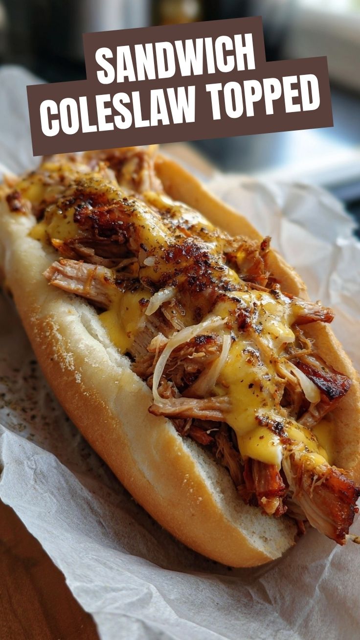 A close-up of a savory pulled sandwich overflowing with tender meat and toppings.