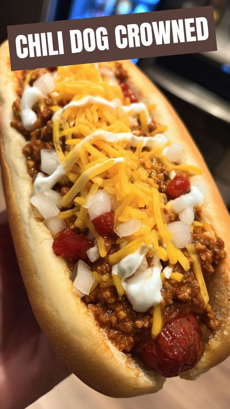 A classic chili dog loaded with toppings and rich sauce