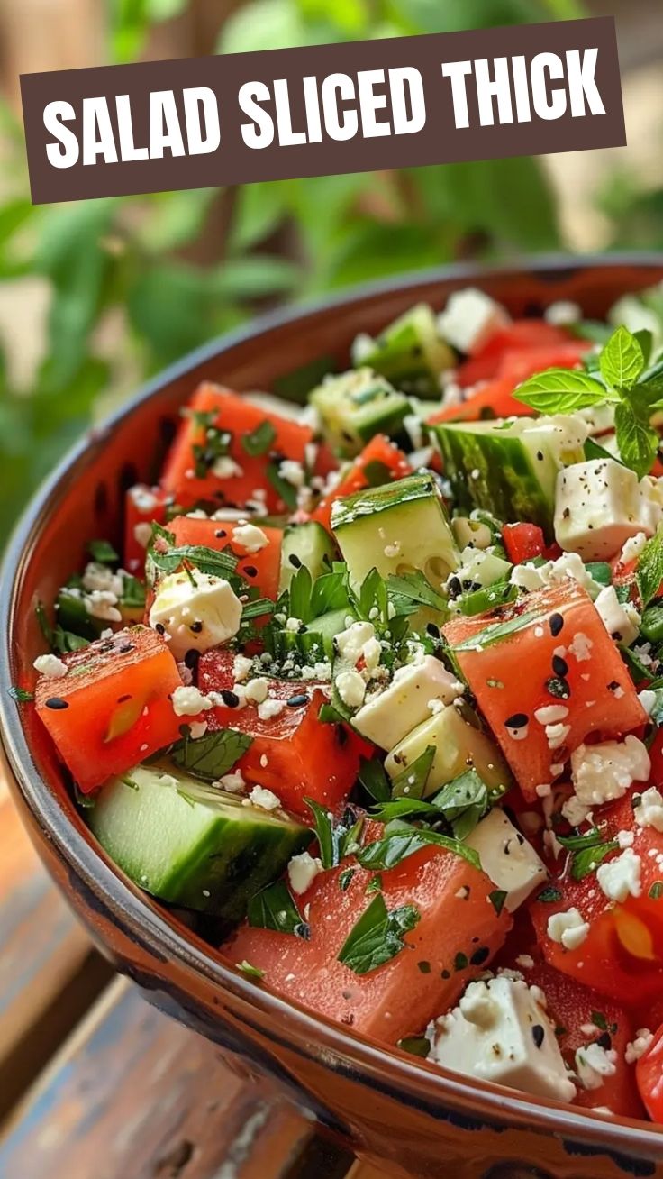 A vibrant watermelon feta salad with mint leaves on a white plate