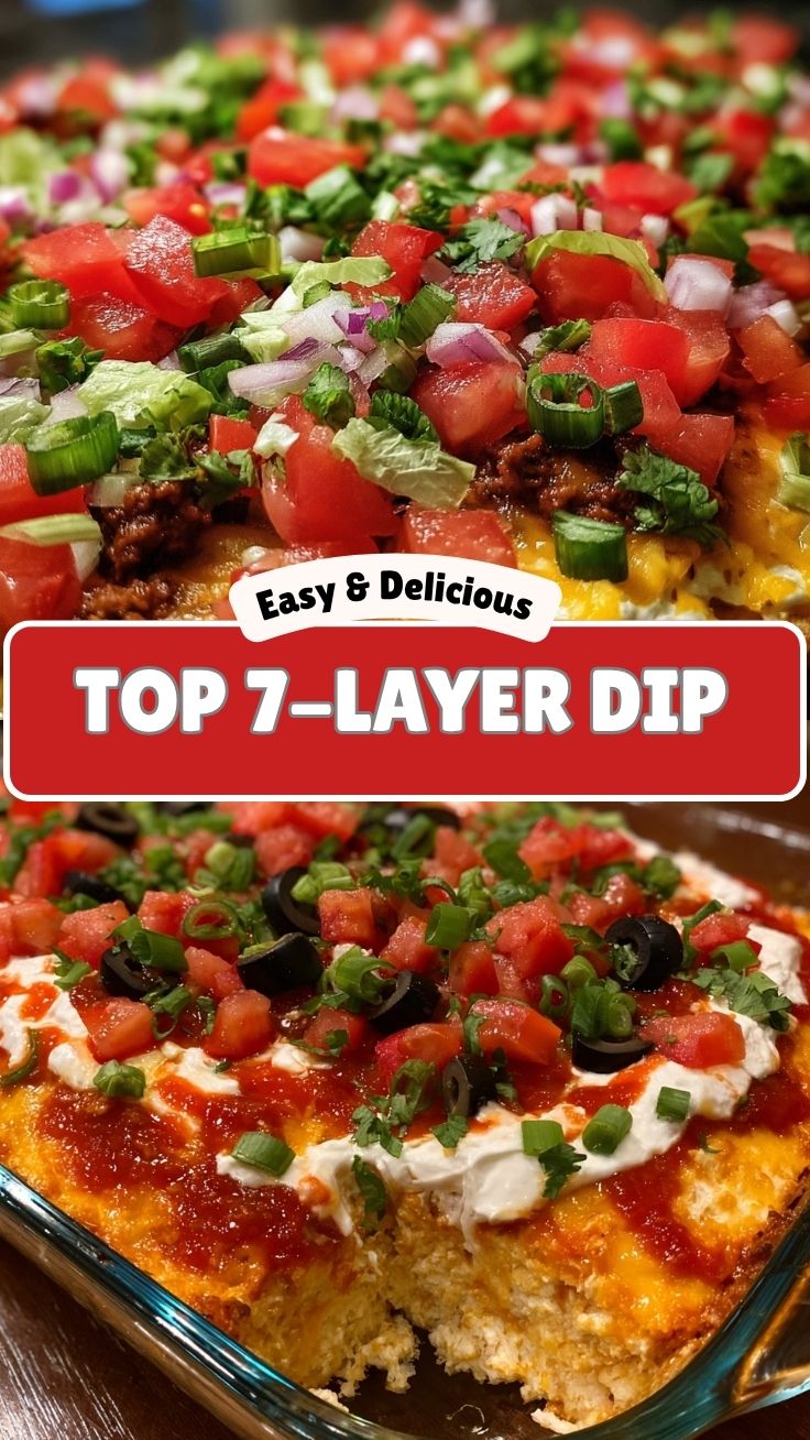 A vibrant 7-layer dip prepared in a clear glass dish, showing all colorful layers.