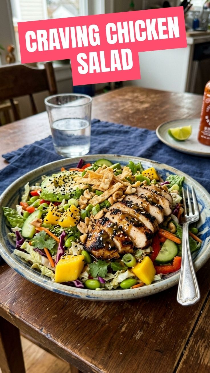 A vibrant Asian chicken salad with colorful vegetables and shredded chicken in a bowl.
