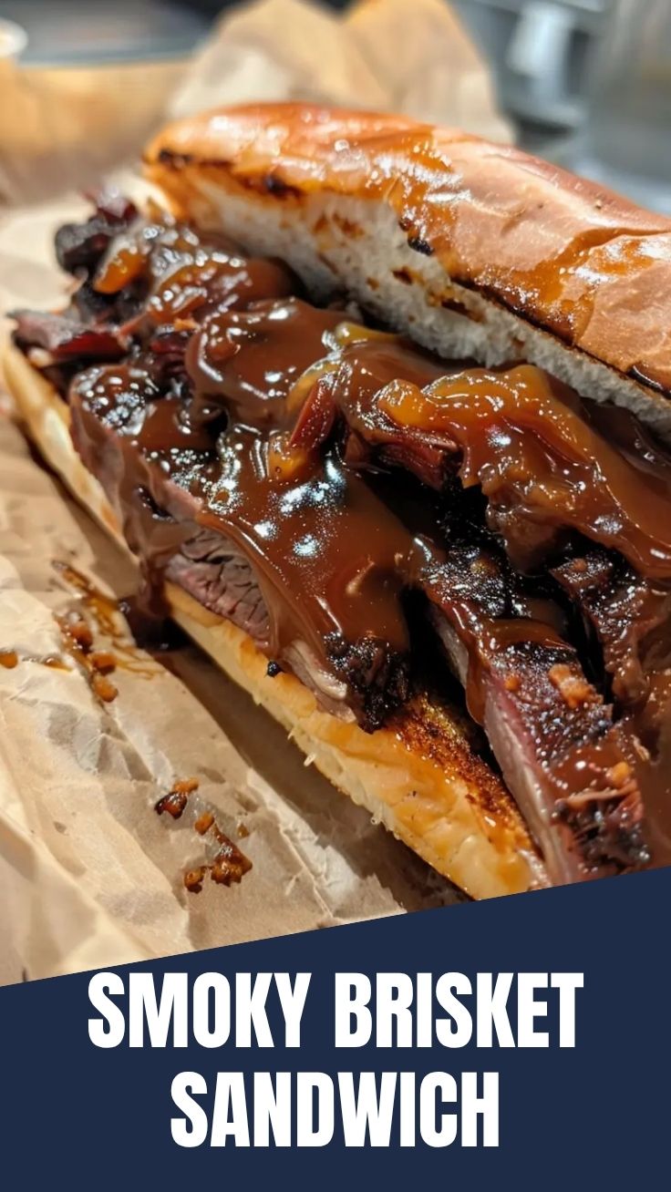 A delicious BBQ brisket sandwich with tender meat and savory sauce