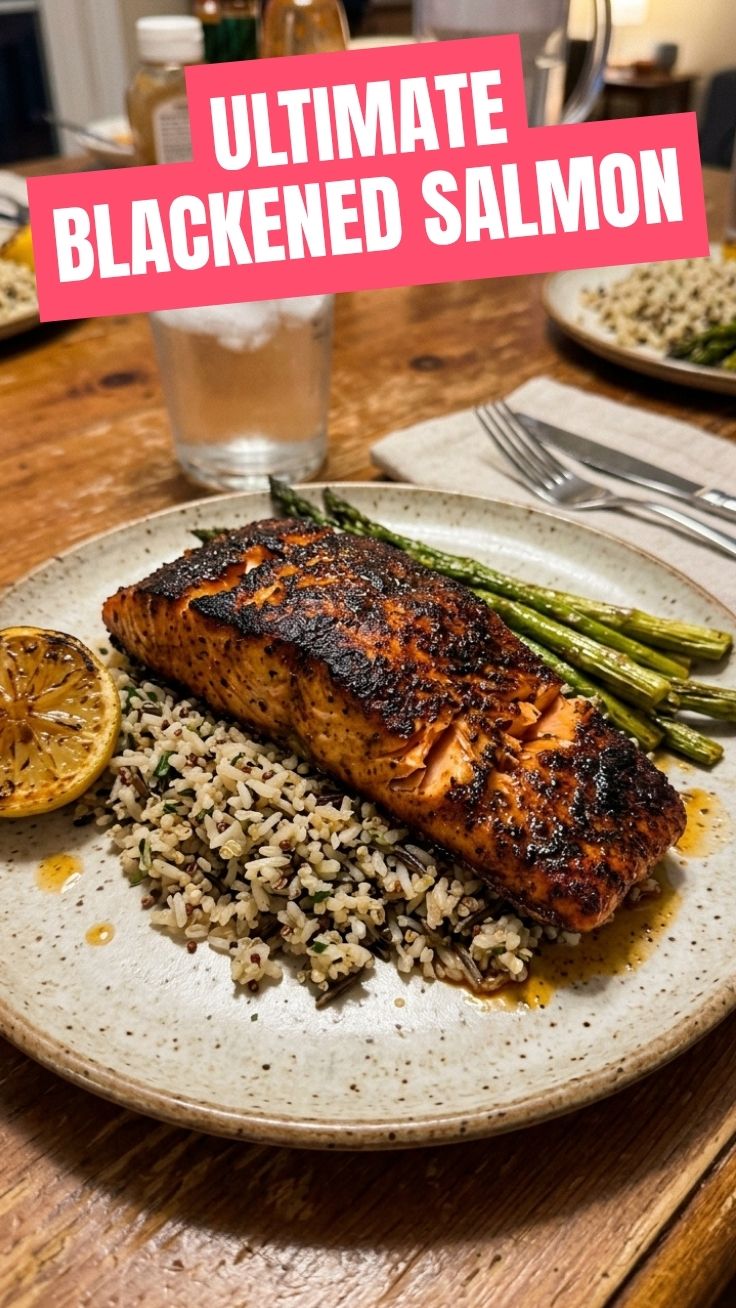 A perfectly cooked piece of blackened salmon with a dark, spiced crust.