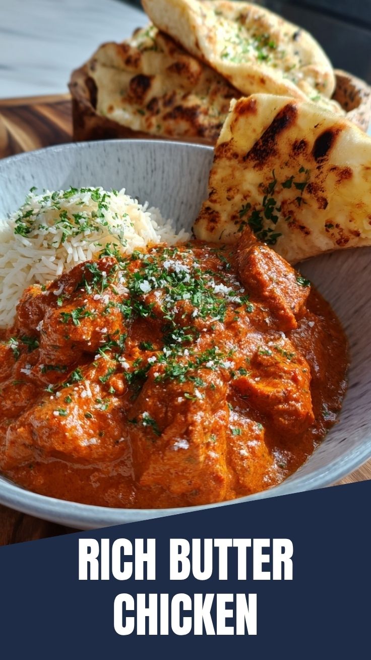 A serving of rich, creamy butter chicken in a bowl, garnished with fresh cilantro.