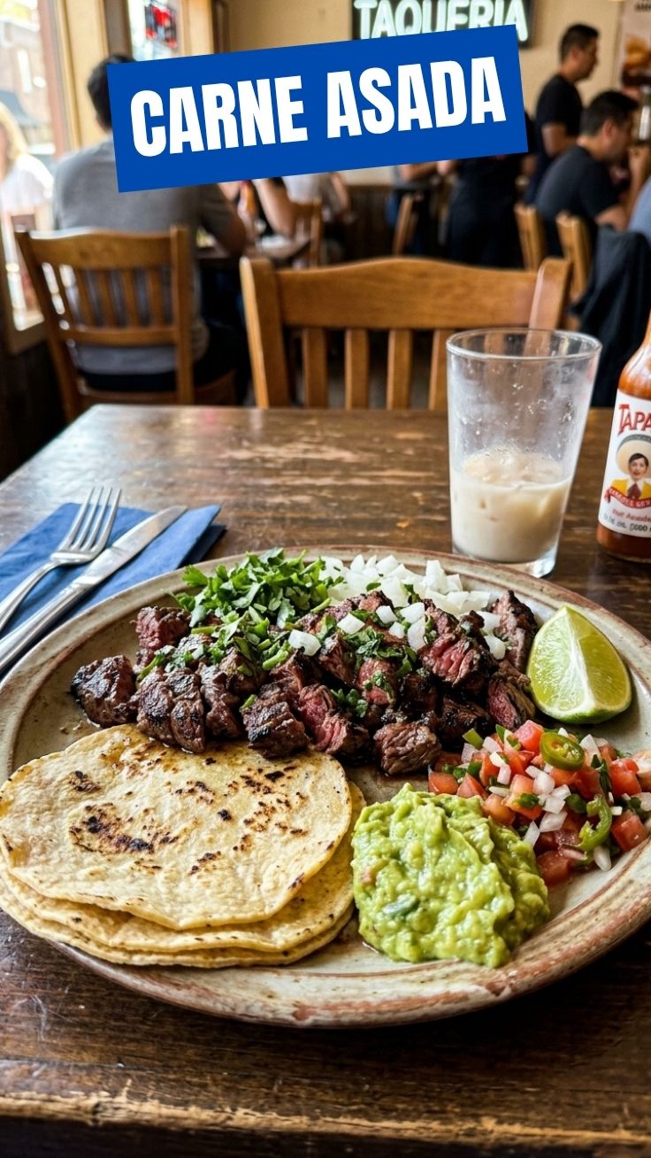 Perfectly grilled carne asada on a wooden cutting board