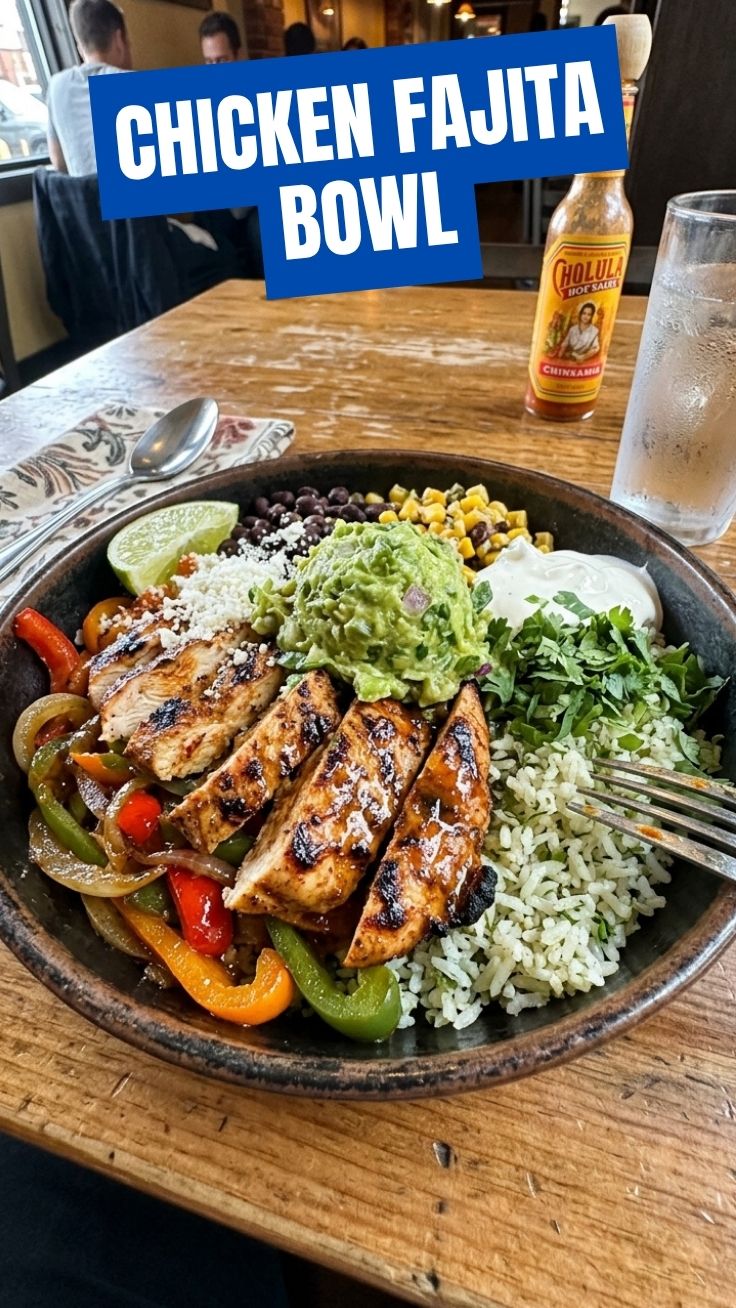 Grilled chicken fajita bowl with peppers and rice