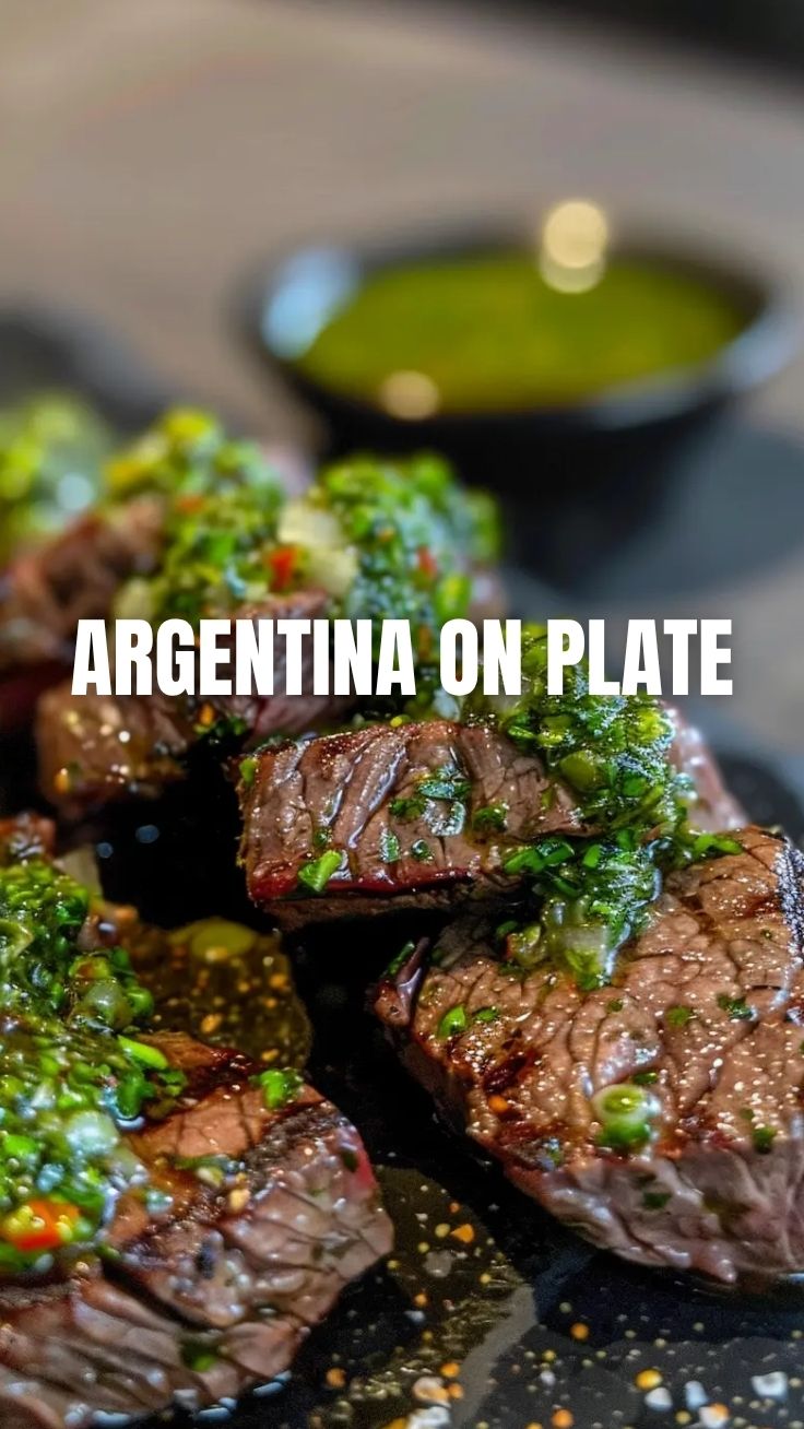 Chimichurri steak served on a wooden board with fresh herbs