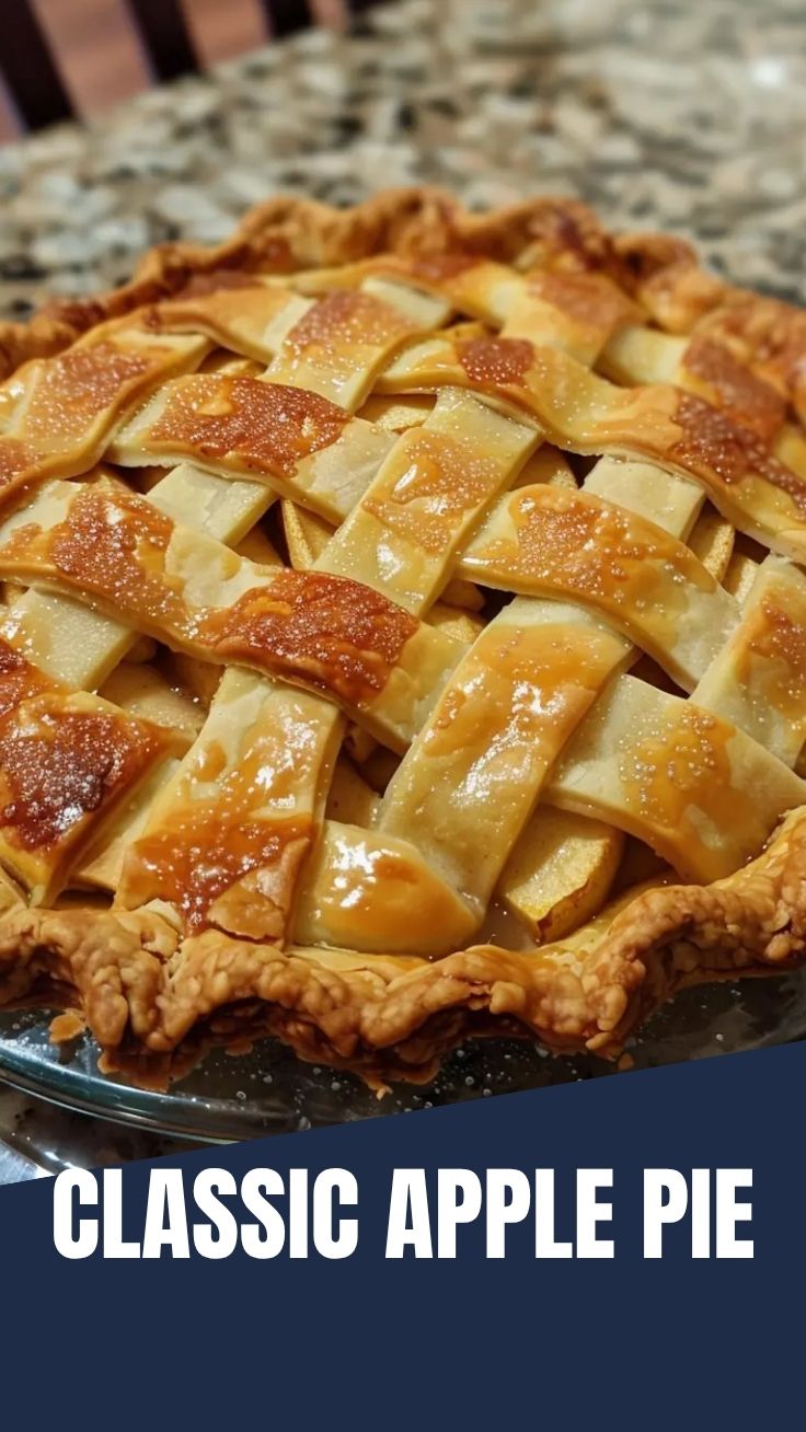 A classic apple pie with a golden, flaky crust on a cooling rack.