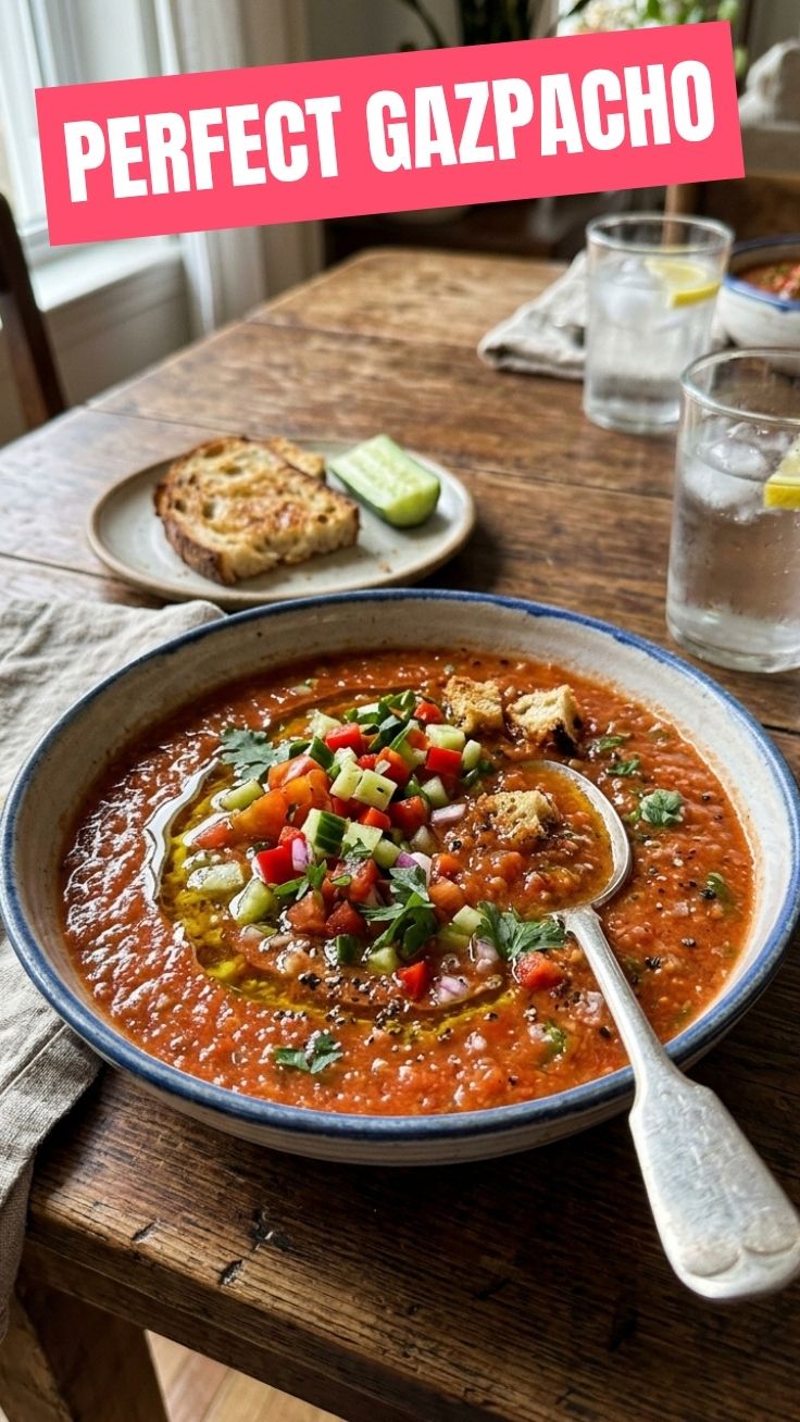 A vibrant bowl of classic gazpacho, perfectly chilled.