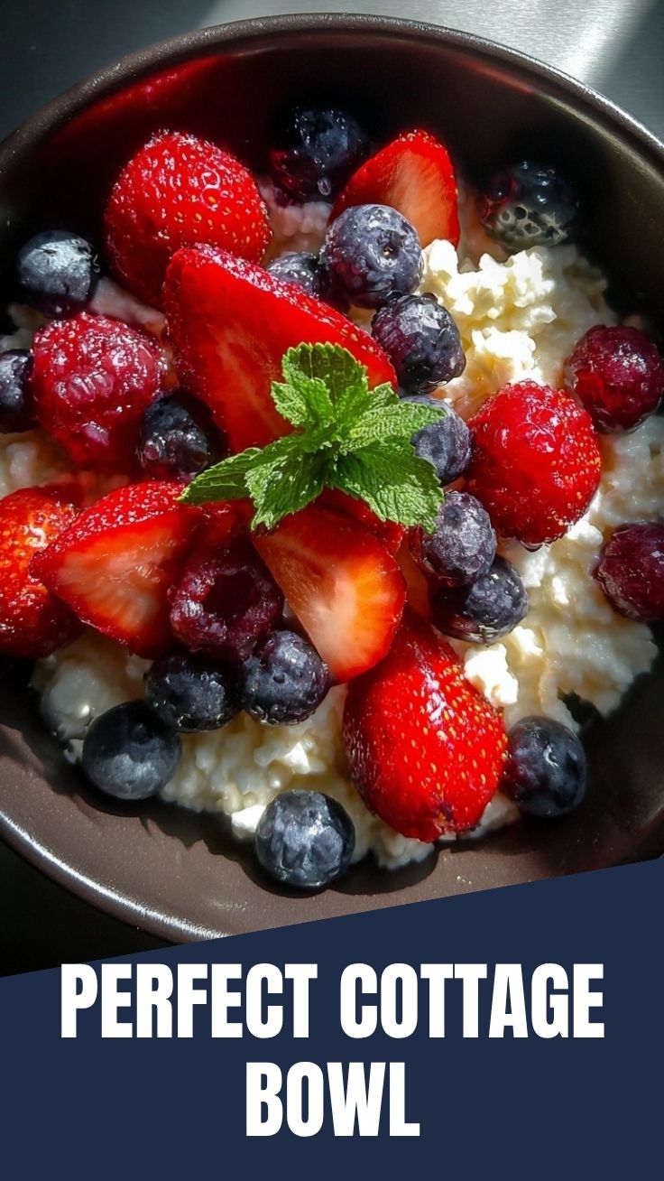 A high protein cottage cheese bowl topped with various fresh fruits and nuts.