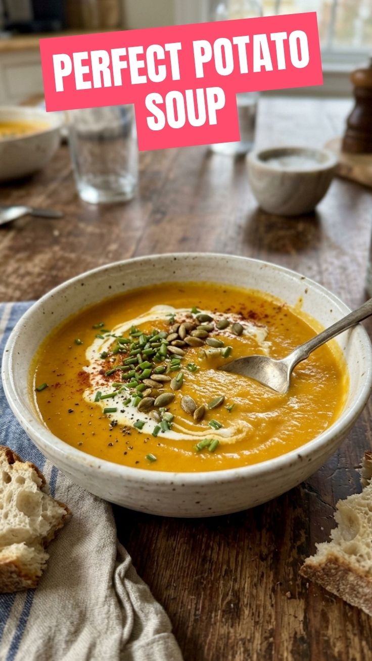 A bowl of creamy sweet potato soup garnished with fresh herbs
