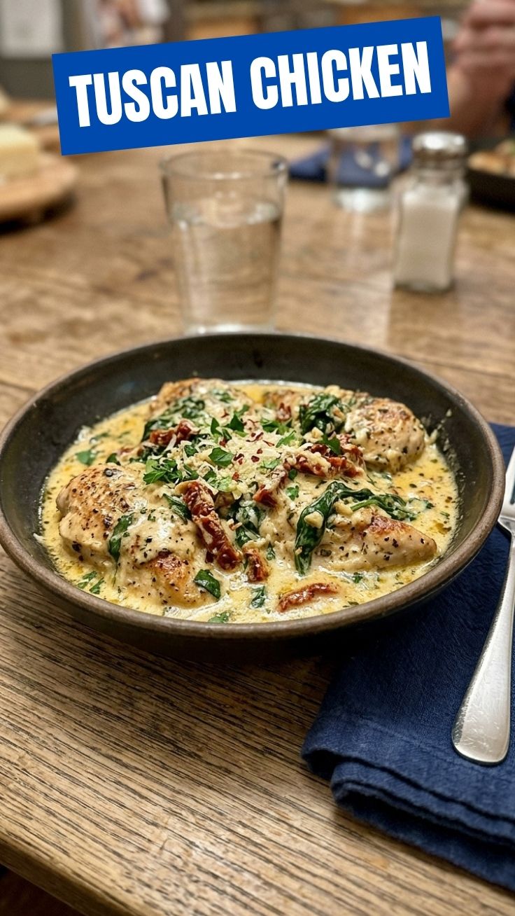 Creamy Tuscan Chicken in a skillet with spinach and sun-dried tomatoes
