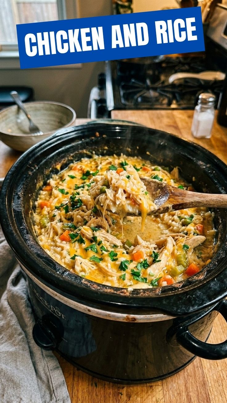 Crockpot chicken and rice dish with creamy sauce and vegetables