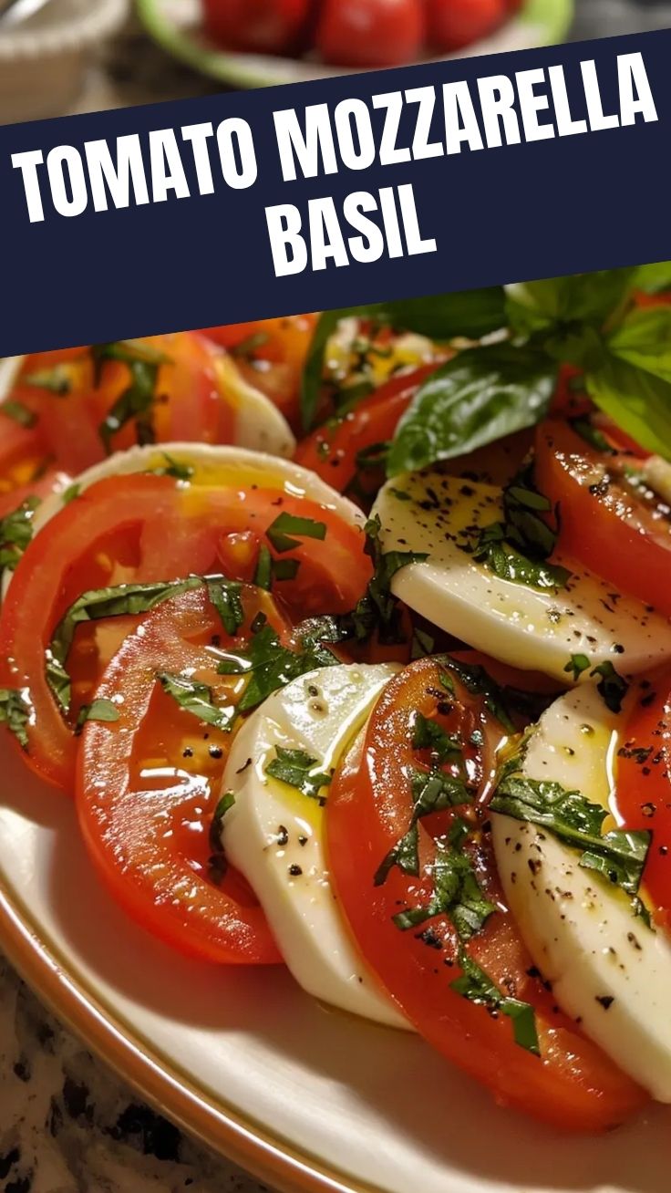 A vibrant Caprese salad featuring fresh mozzarella, ripe tomatoes, and basil leaves