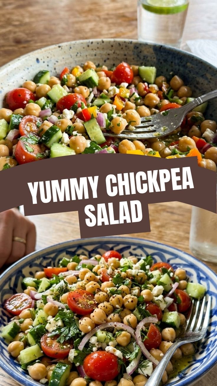 A fresh bowl of chickpea salad with vibrant vegetables.