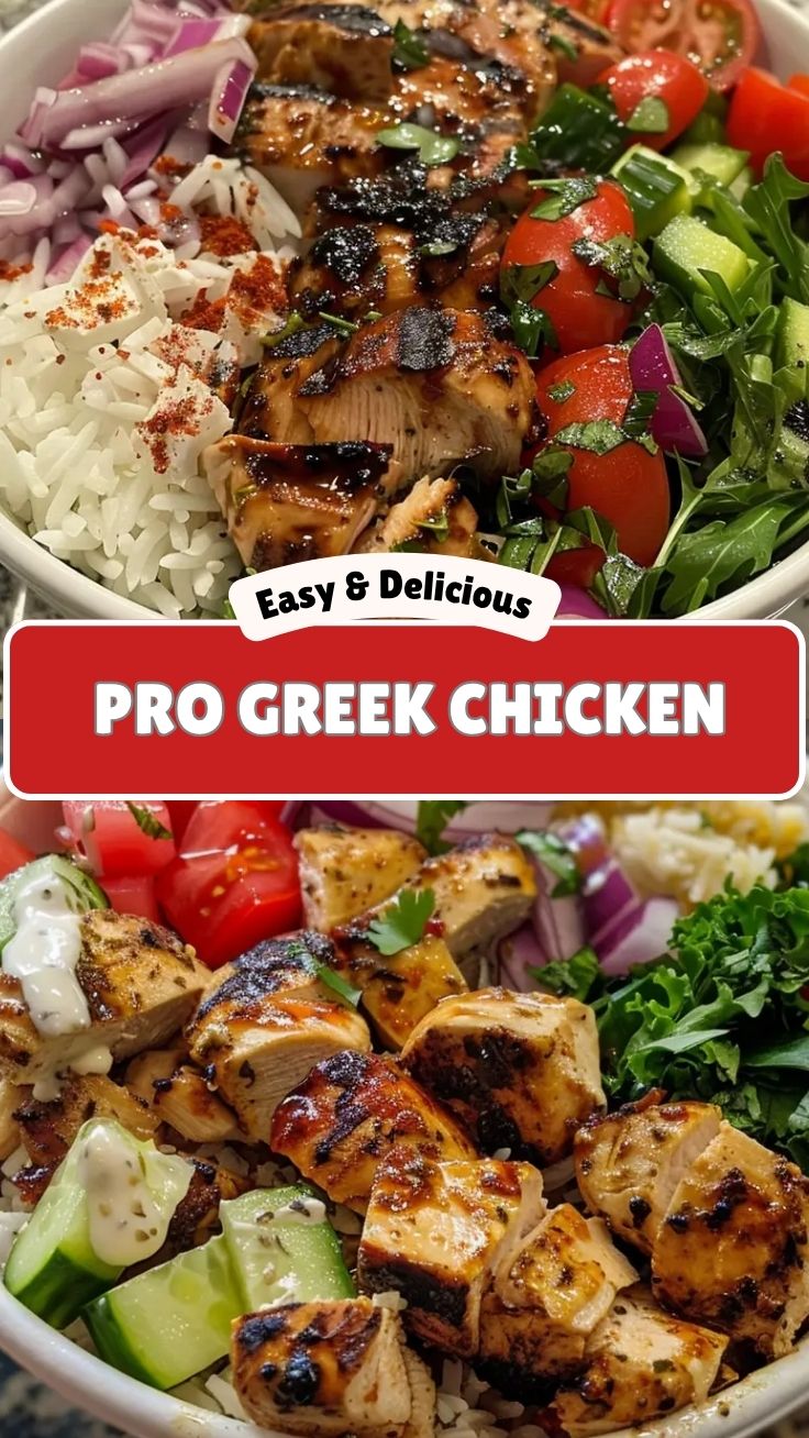 A vibrant Greek chicken bowl with fresh vegetables and feta cheese