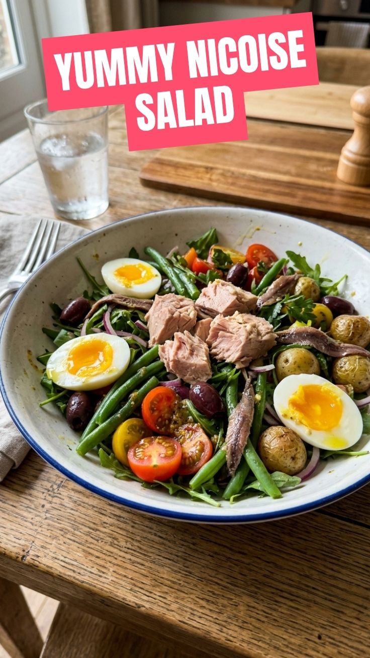 A fresh Nicoise salad with tuna, olives, green beans, and hard-boiled eggs