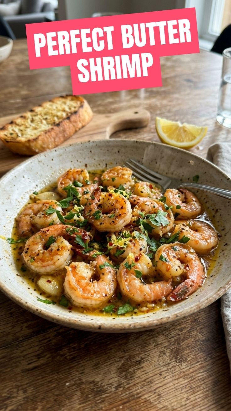 A serving of delicious garlic butter shrimp in a pan.