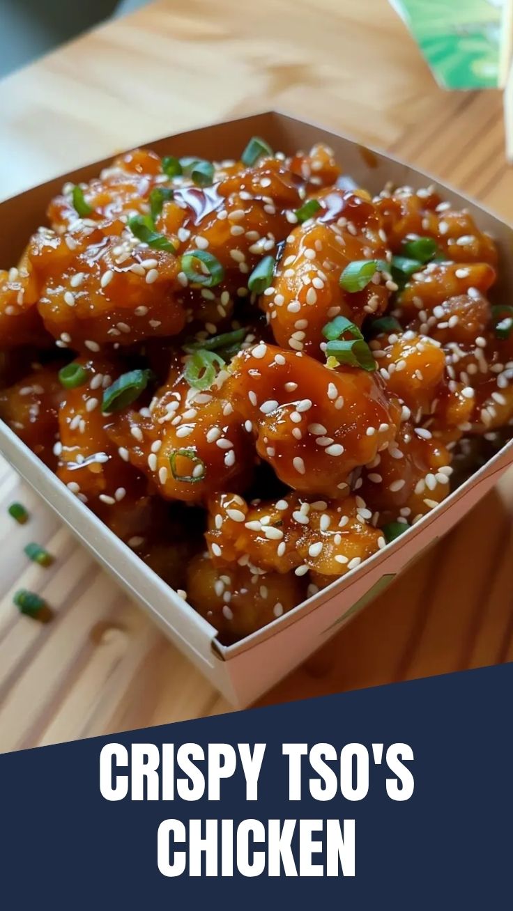 A serving of General Tso's Chicken coated in a rich, sweet, and spicy sauce, garnished with scallions.