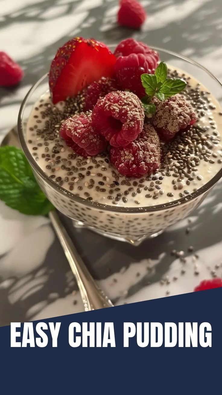 A bowl of healthy chia pudding, topped with fresh berries and nuts.