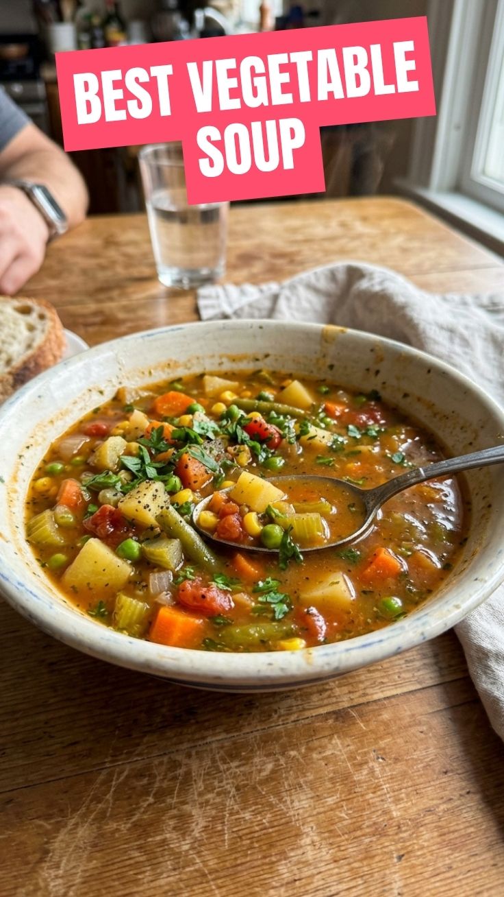 A steaming bowl of homemade vegetable soup with fresh ingredients.