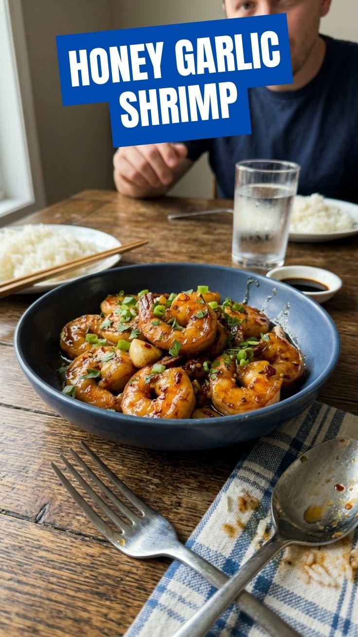 Honey Garlic Shrimp sizzling in a skillet