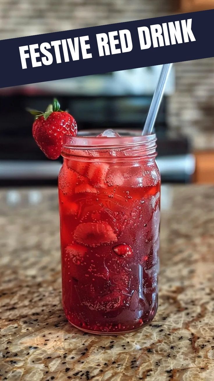 A vibrant red drink, Juneteenth Strawberry Soda, served in a glass
