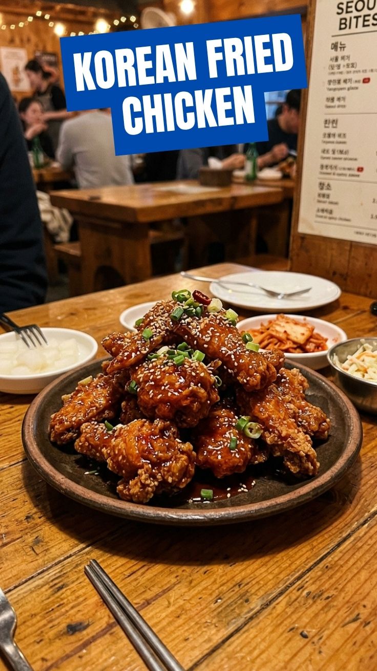A plate of crispy, golden-brown Korean Fried Chicken with gochujang glaze