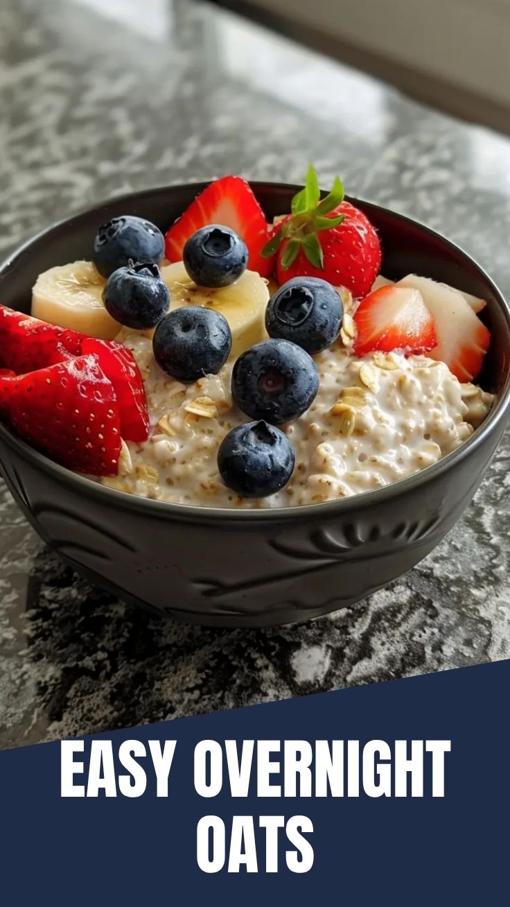 A glass jar filled with simple overnight oats ready to eat