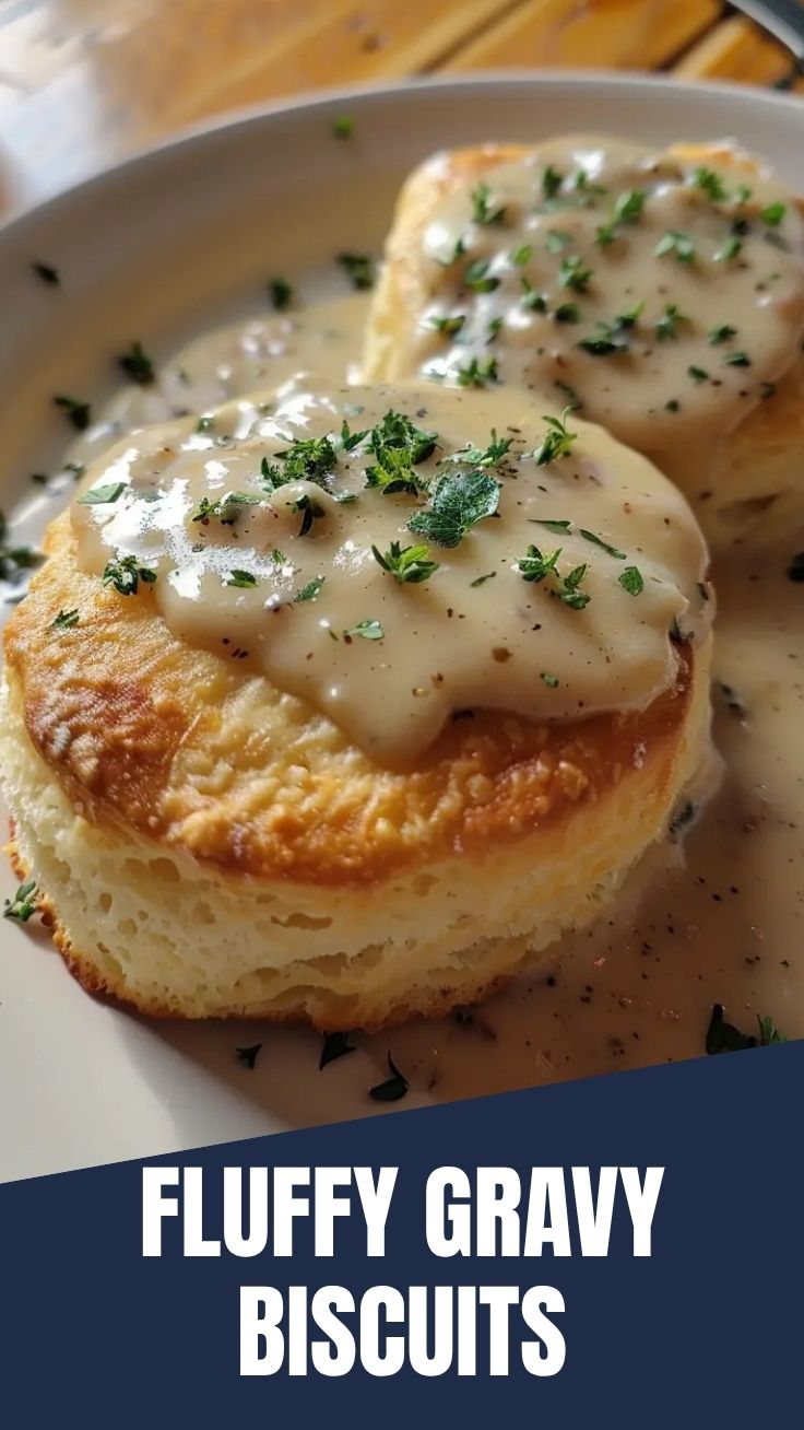A plate of flaky biscuits covered generously with creamy white gravy.