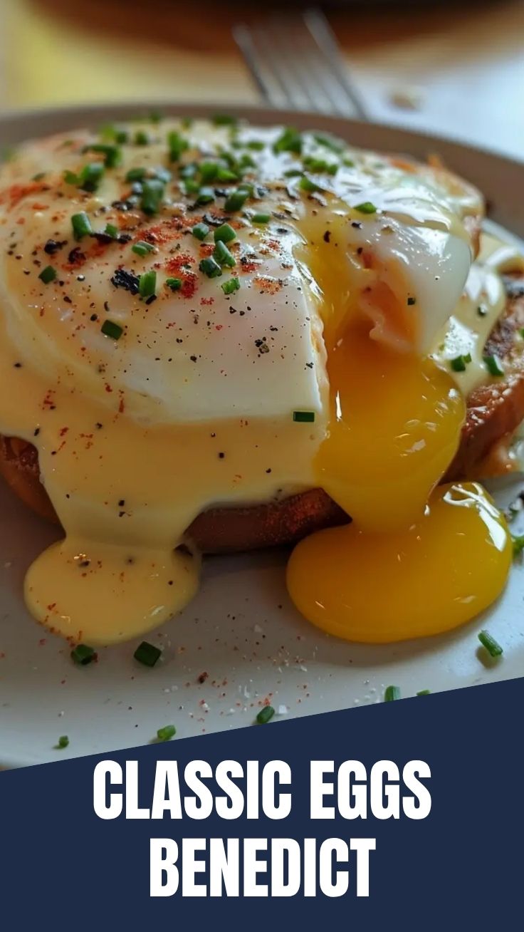 A perfectly plated Eggs Benedict with hollandaise sauce, poached eggs, and ham on an English muffin.