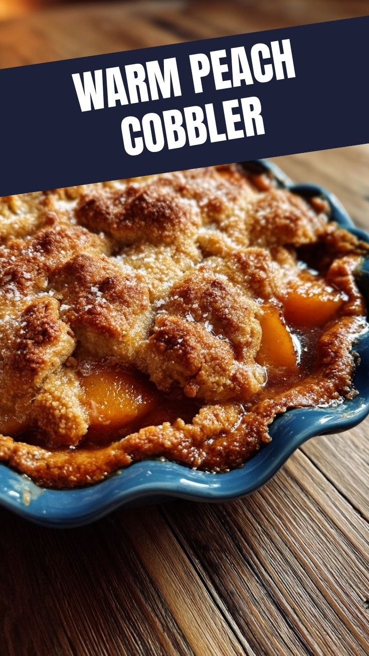 A cozy, warm peach cobbler generously topped with golden crust.