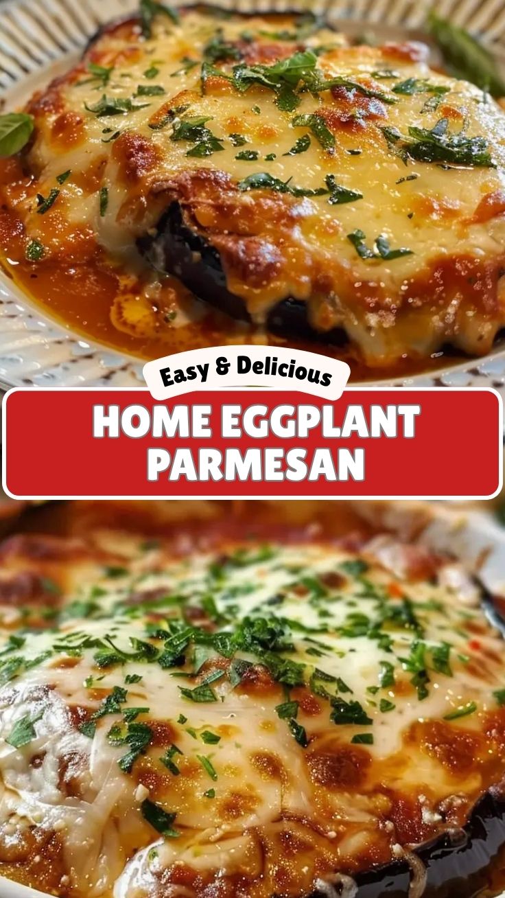 Savory Eggplant Parmesan layers of breaded eggplant, tomato sauce, and melted cheese