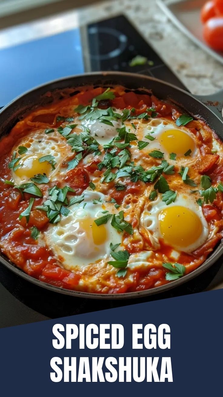 A vibrant shakshuka dish with poached eggs, tomatoes, and spices in a pan