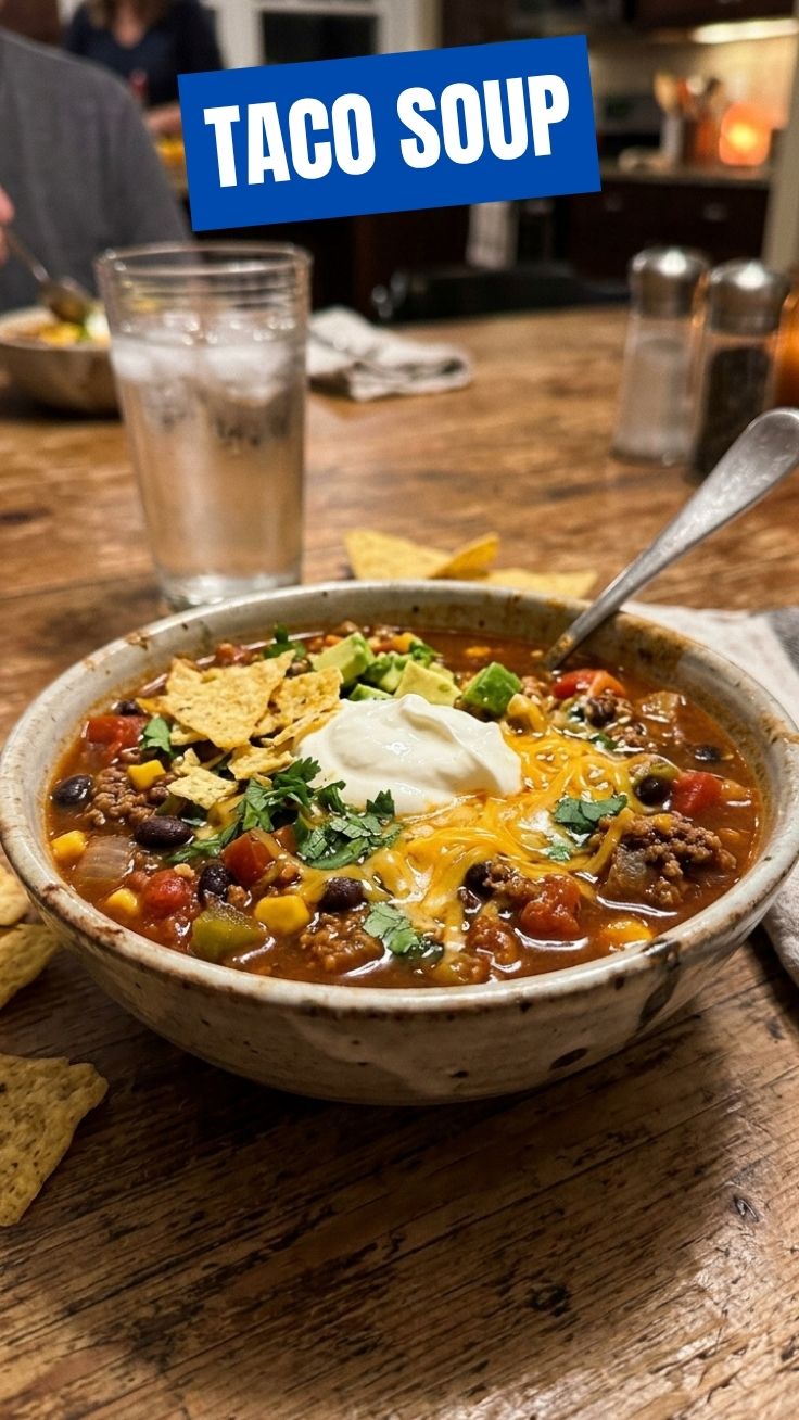 Savory taco soup garnished with fresh cilantro and cheese