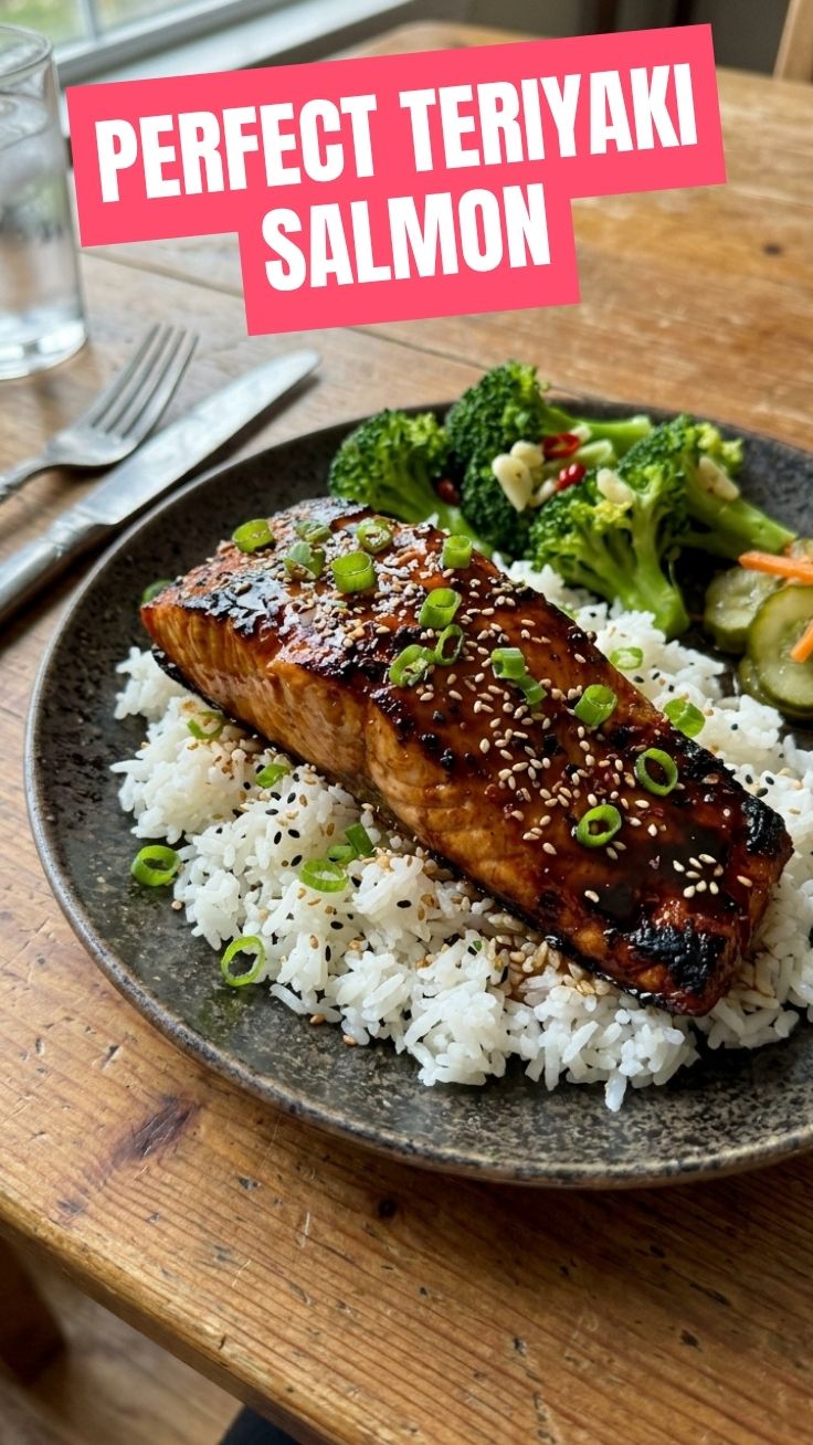 A perfectly glazed teriyaki salmon fillet, ready to serve.
