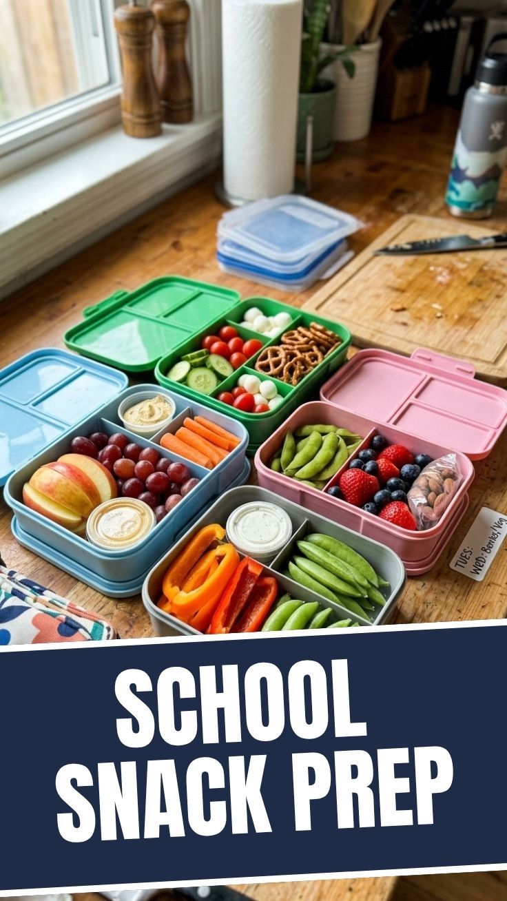 A variety of healthy school snack prep items laid out on a clean surface