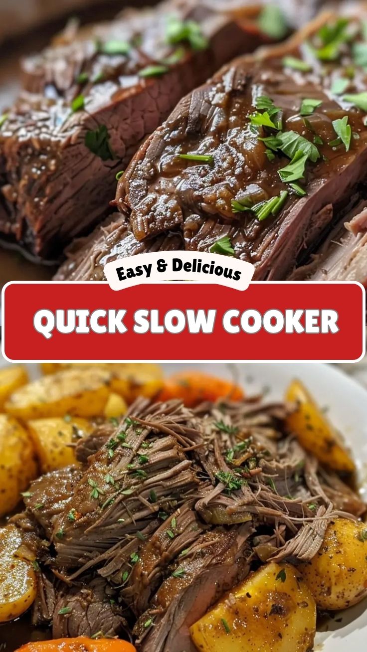 A slow cooker pot roast with carrots, potatoes, and herbs
