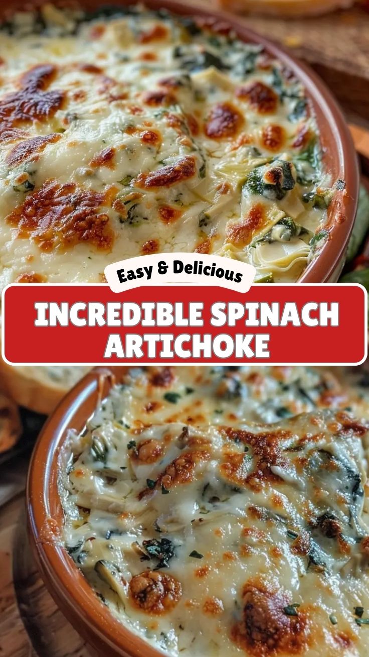 A hot and bubbly spinach artichoke dip, freshly baked and ready to serve.