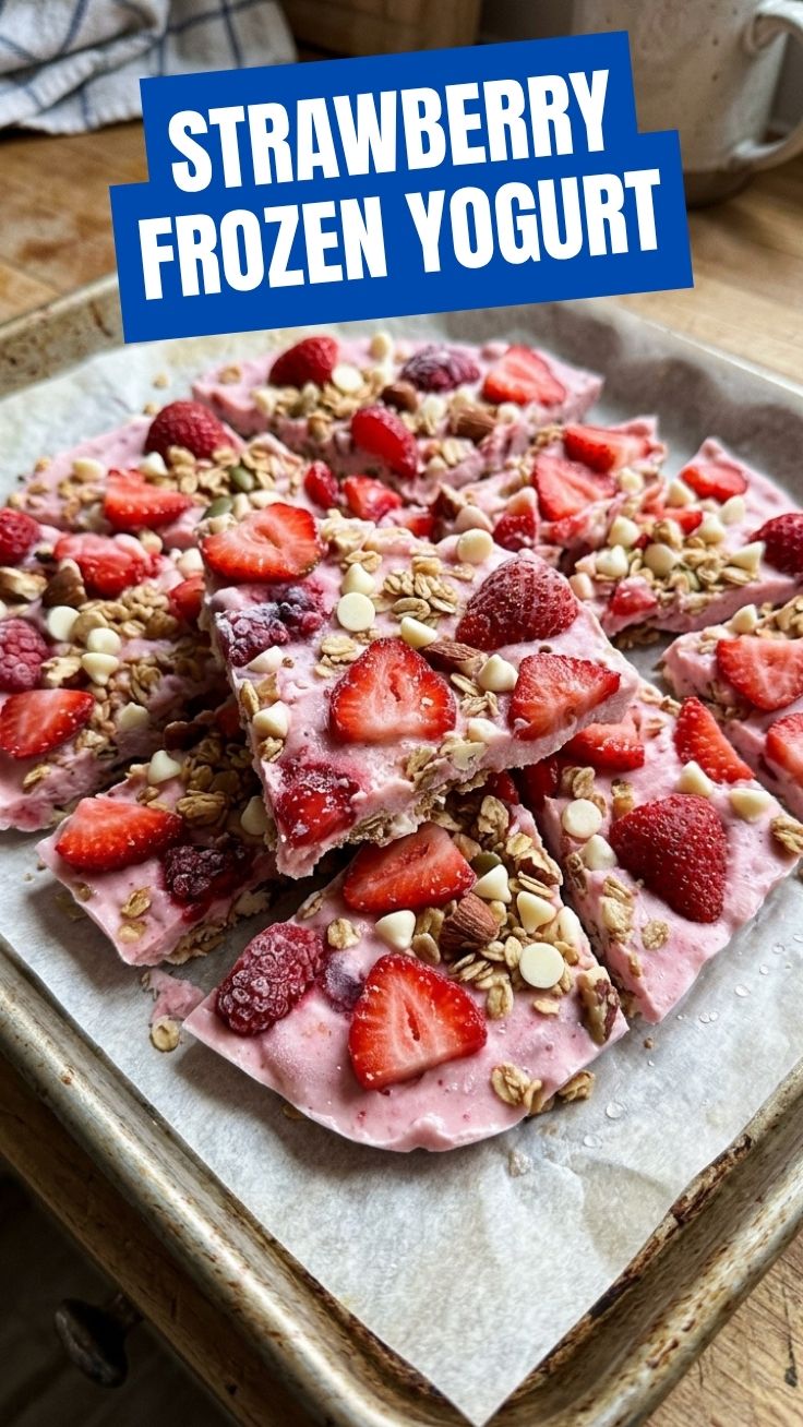 Close-up of strawberry frozen yogurt bark showing yogurt swirls and fresh berries
