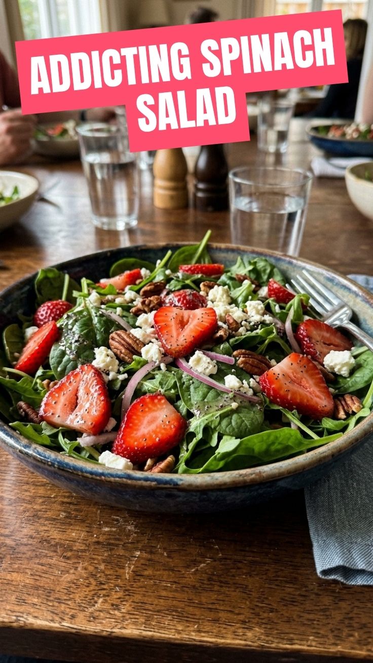 A refreshing strawberry spinach salad with nuts and dressing
