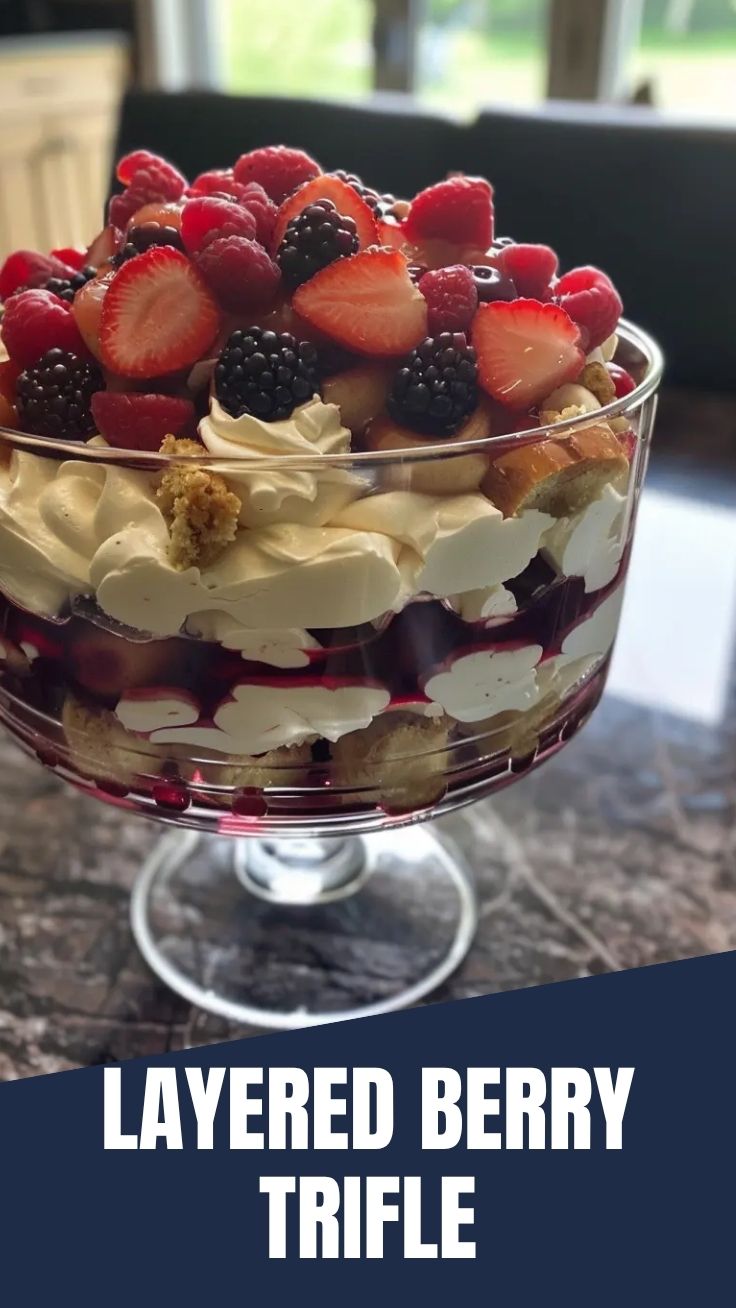 A beautiful summer berry trifle layered with cream and fruit.