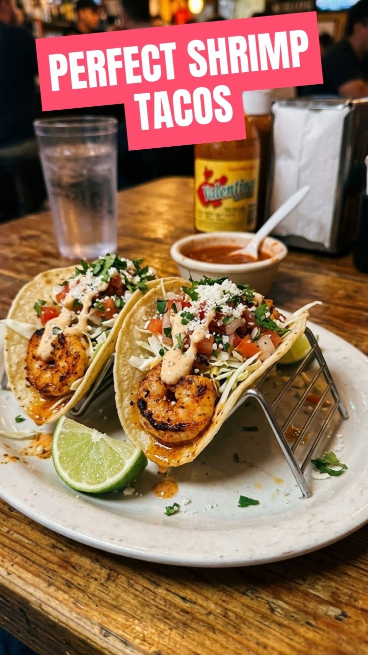 Delicious shrimp tacos with fresh toppings on a white plate.