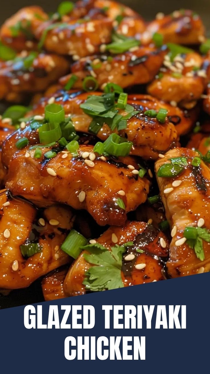 A close-up of delicious teriyaki chicken glazed with a savory sauce and garnished.